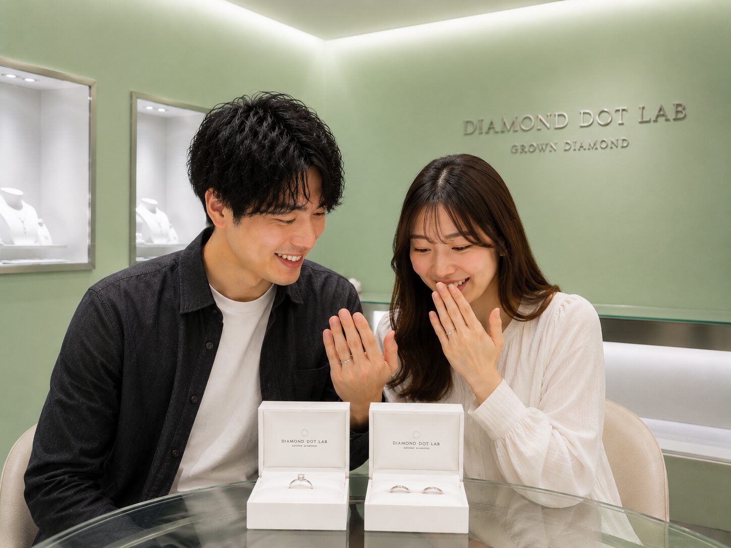 完成した婚約指輪・結婚指輪を手に笑顔のお二人