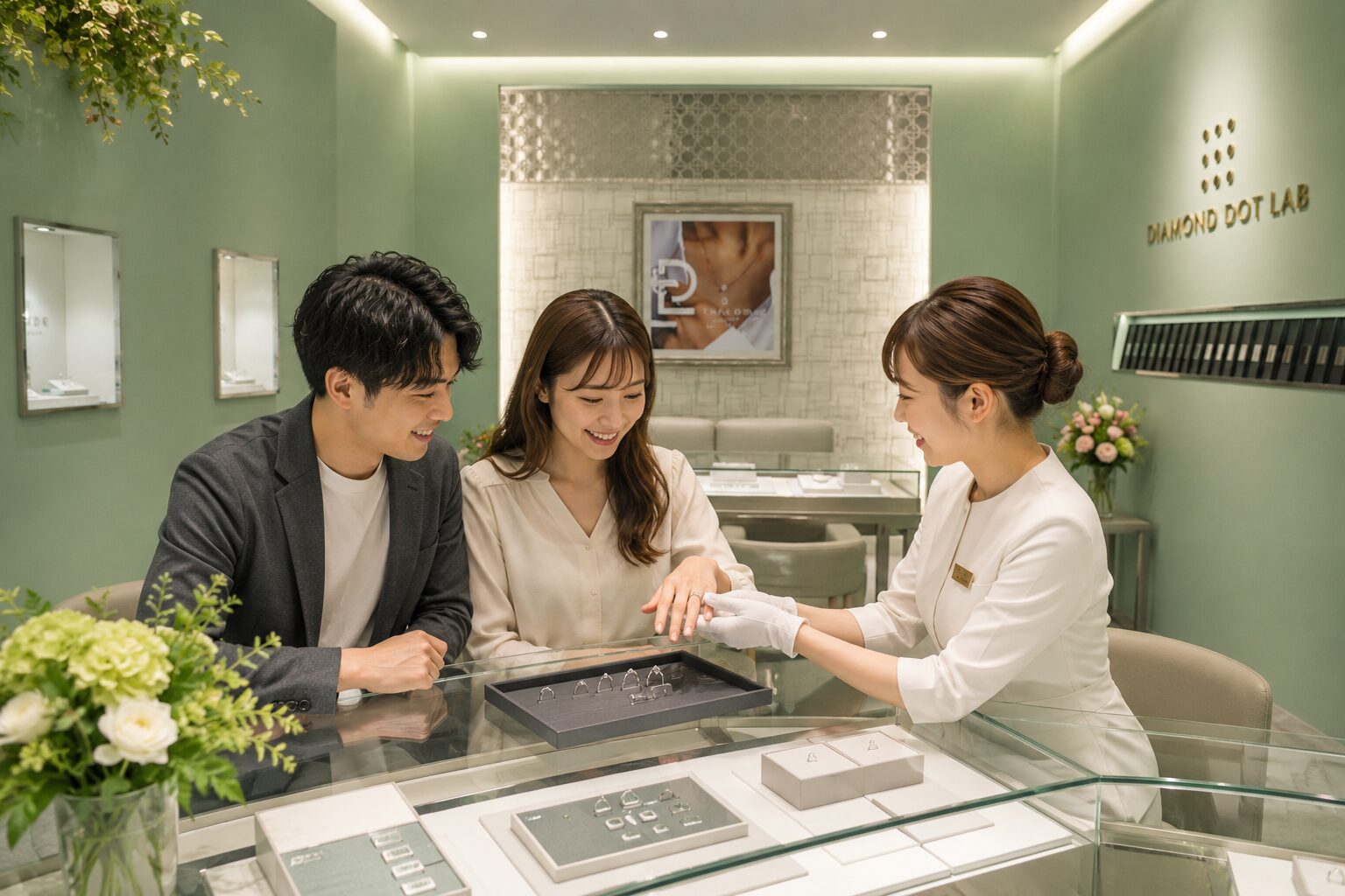 店内で結婚指輪を試着しながら相談しているカップル写真