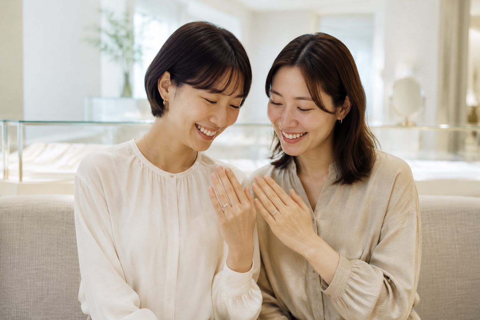 お互いの結婚指輪を見せ合う女性カップル