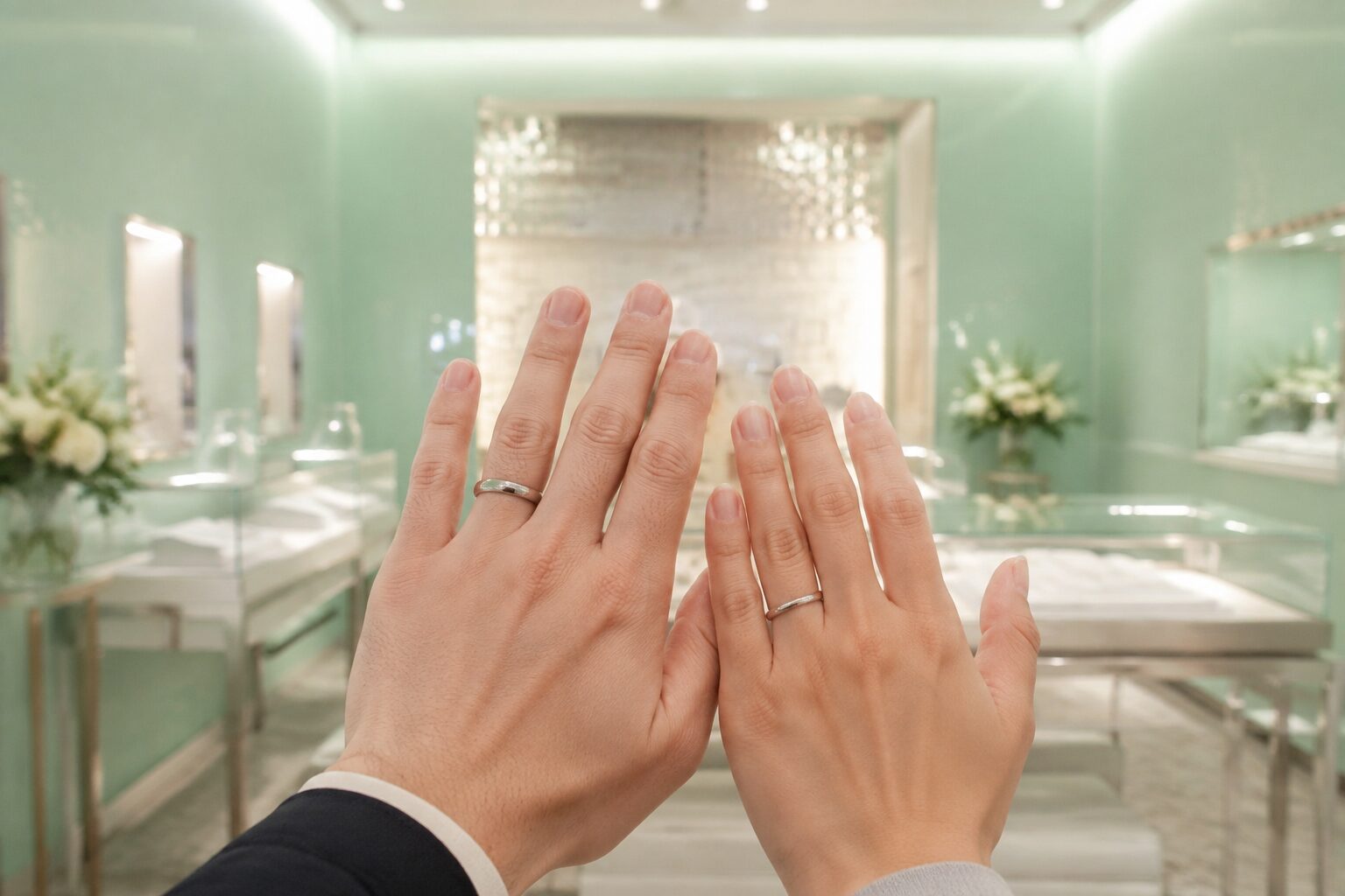 DIAMOND DOT LABで結婚指輪を選んだカップルの手元